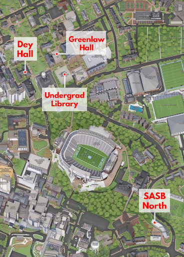 An image of a UNC campus map marking SASB N, Greenlaw Hall, Dey Hall, and the Undergraduate Library